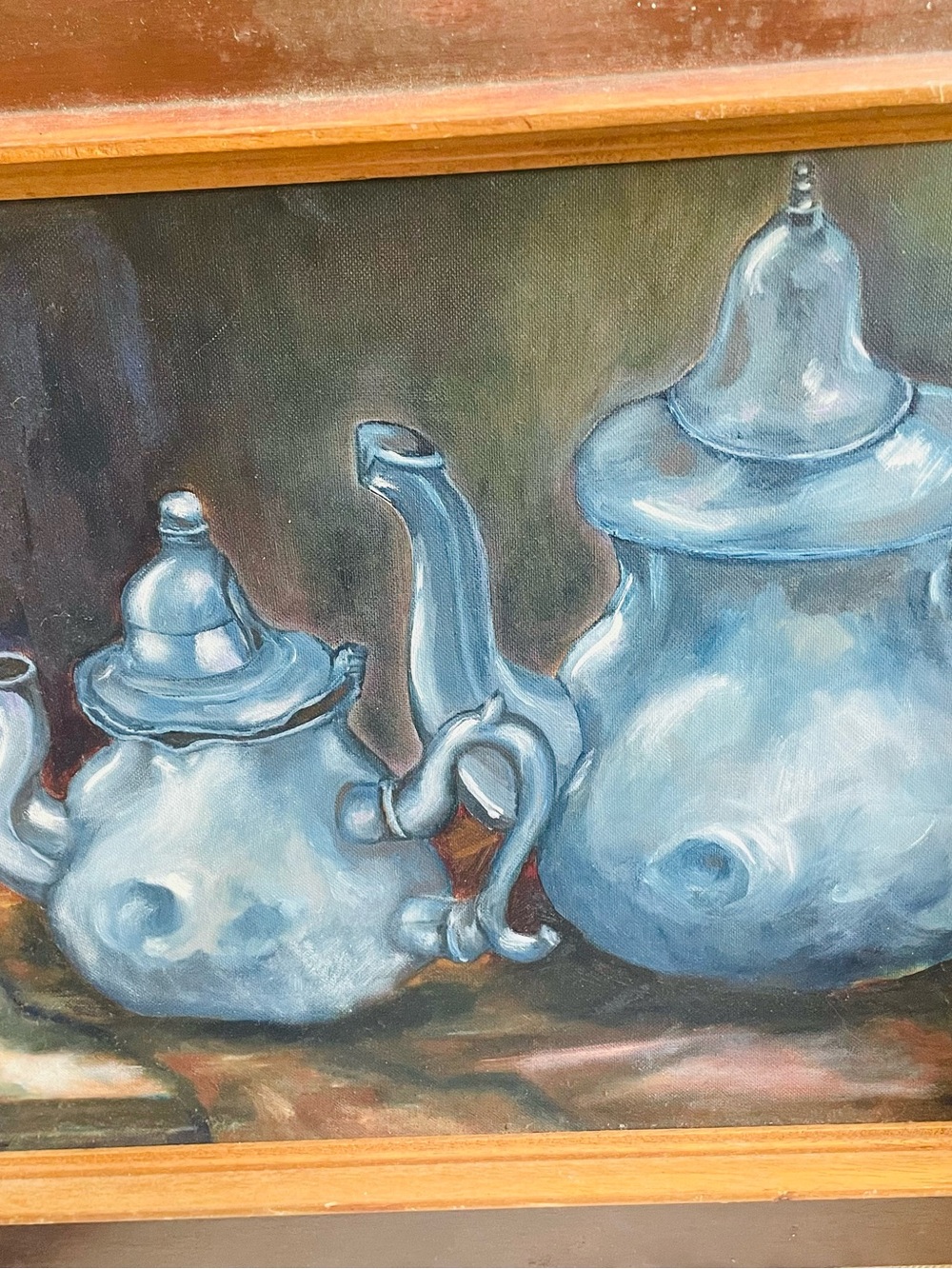 Oil painting-original work-still life-framed-vintage-2 antique silver teapots